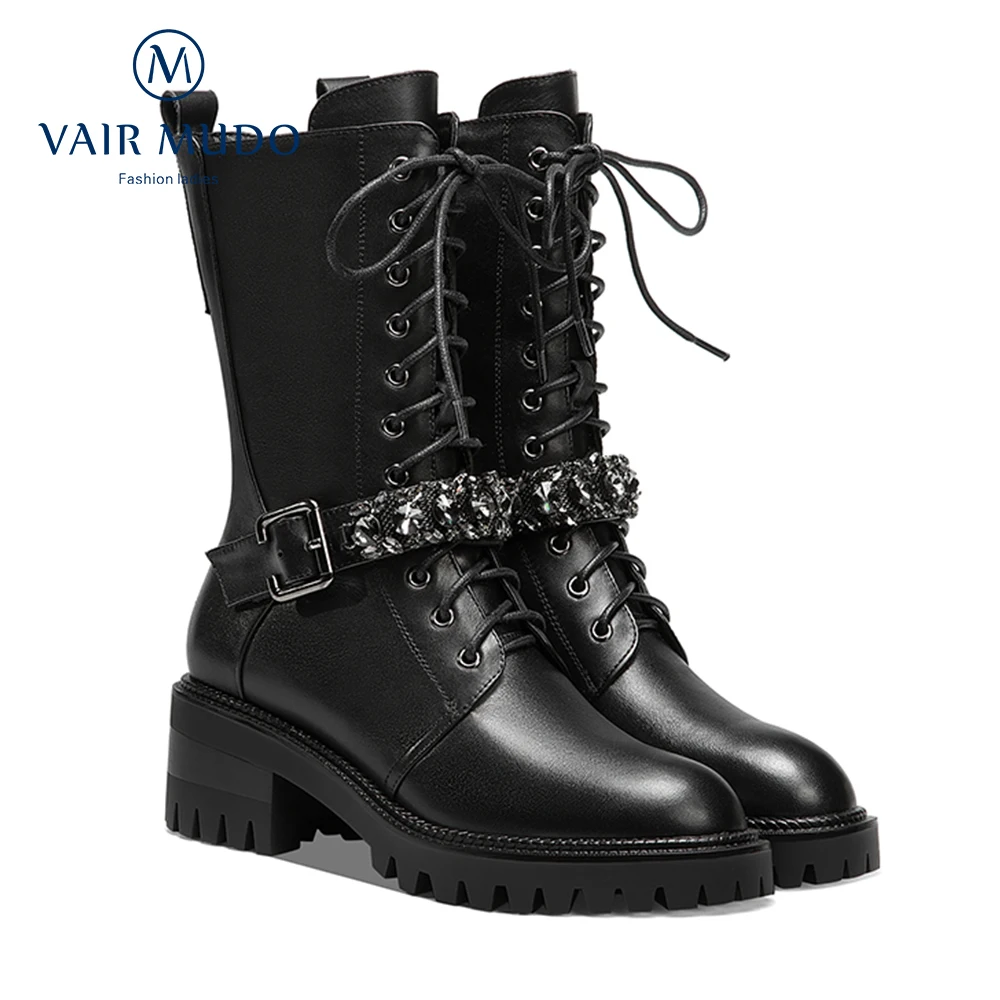 

VAIR MUDO Mid-Calf Boots Women Shoes Winter Motorcycle Thick Heel Cow Leather Female Elegant Wool Elegant Footwear 2020 DX162L