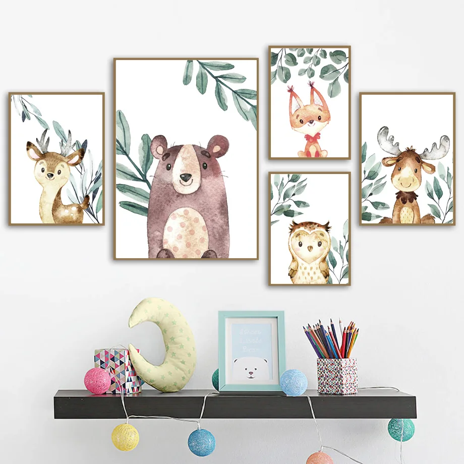 

Animals Cartoon Reindeer Owl Fox Wolf Bear Wall Art Canvas Painting Nordic Posters And Prints Wall Pictures For Kids Room Decor