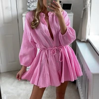 pink short dresses cute chic v neck dress cardigan elegant ruffle dress casual straight long sleeve dress tie button women dress