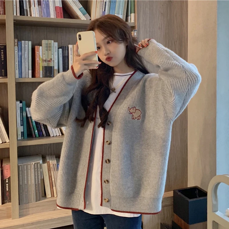 Женский кардиган с вышивкой в виде слона Gaganight весенне-осенний вязаный длинным