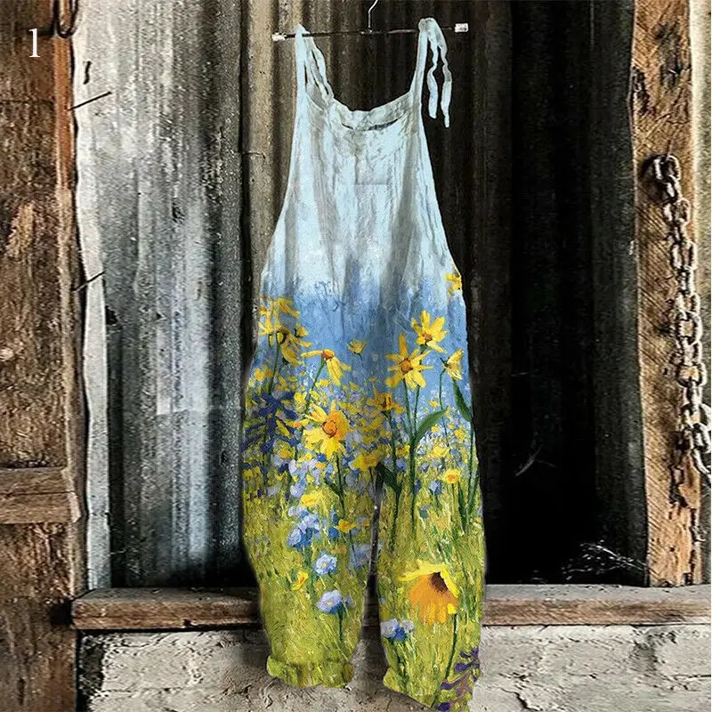 

Womens Boho Floral Jumpsuit Baggy Dungaree Sleeveless Romper Playsuit Overalls Wide Leg Dungarees Straps Baggy Pants