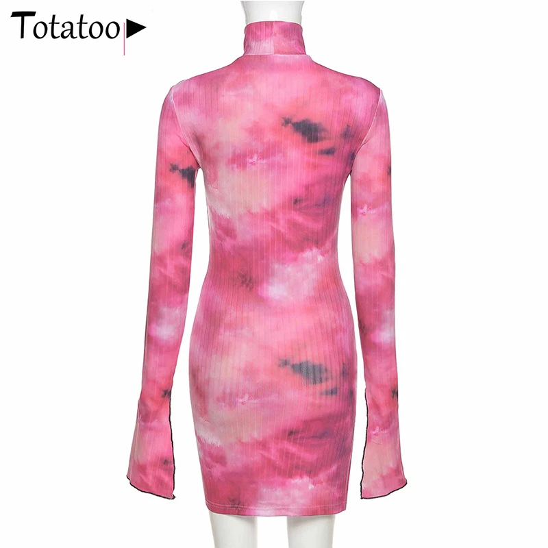 

Totatoop Tie Dye Print Skinny Sexy Dress For Women Spring Turtleneck Long Sleeve Side Split Bodycon Dress Clubwear Vestidos