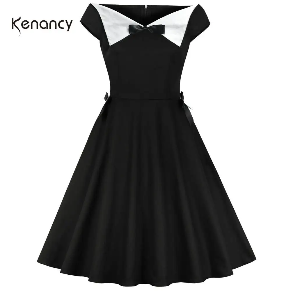 Женское винтажное платье с бантом коротким рукавом и отложным