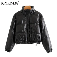 kpytomoa women 2021 fashion faux leather padded jacket thick warm parka coat vintage long sleeve female outerwear chic tops