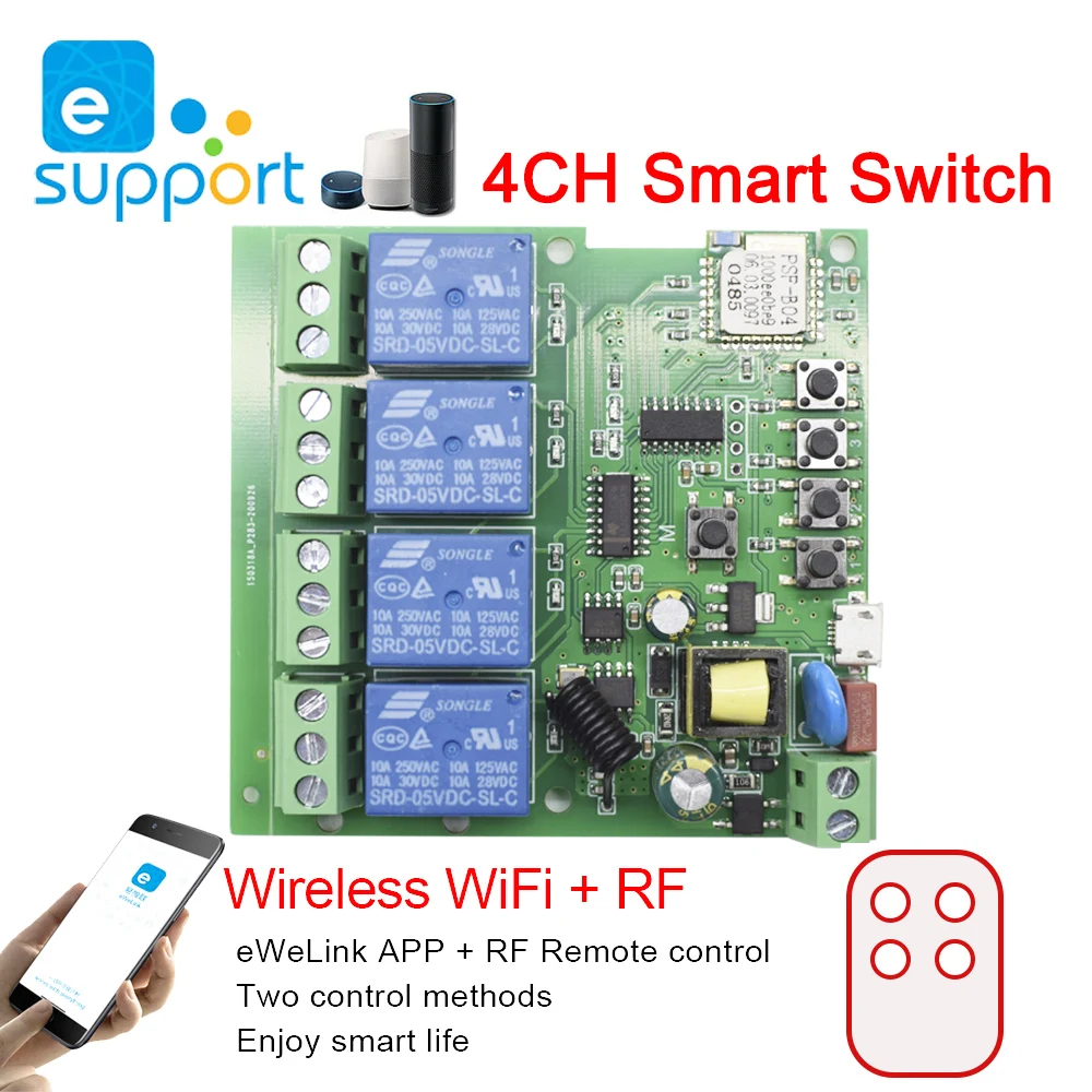 Умный Wi Fi модуль переключателя eweLink реле с таймером для Alexa Google Home 4 канала 5 В 7 32 85 в