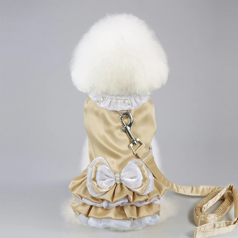 

Teddy Bear Dog Dress Harness Bowknot Ruffle Layer Summer Pet Skirt Clothes Satin XS S M L XL