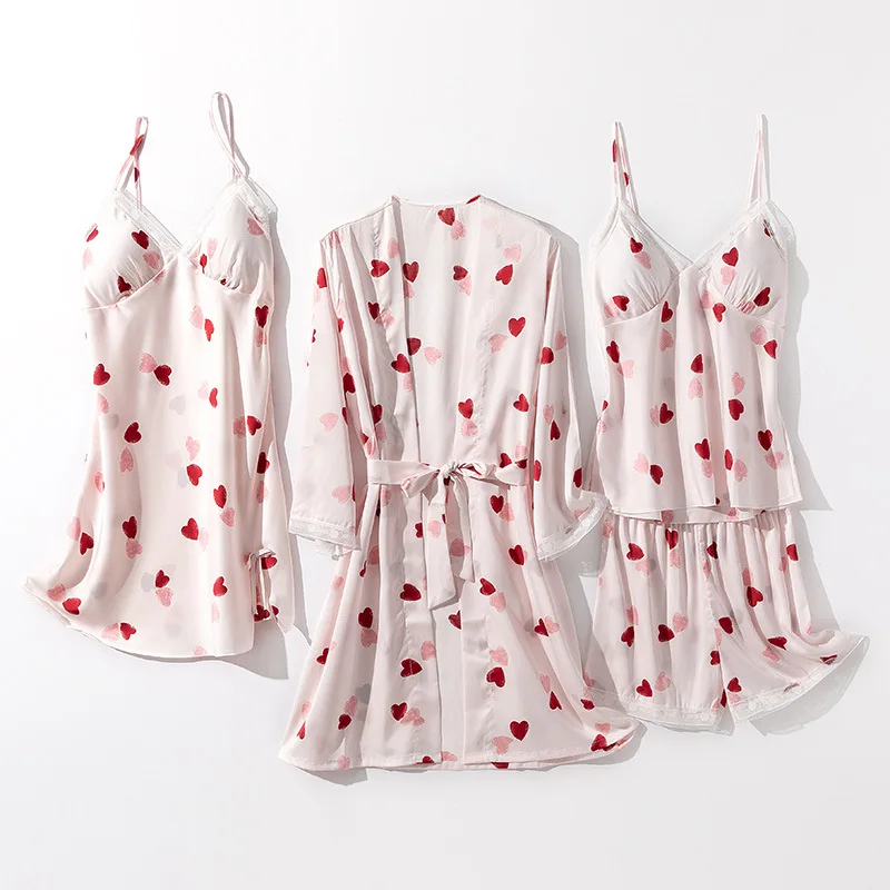 

Тонкие красивые Ночное платье костюмы из 4 предметов Для женщин летом шелк Атласная подвязка ночная рубашка милые пикантные одежда с длинны...