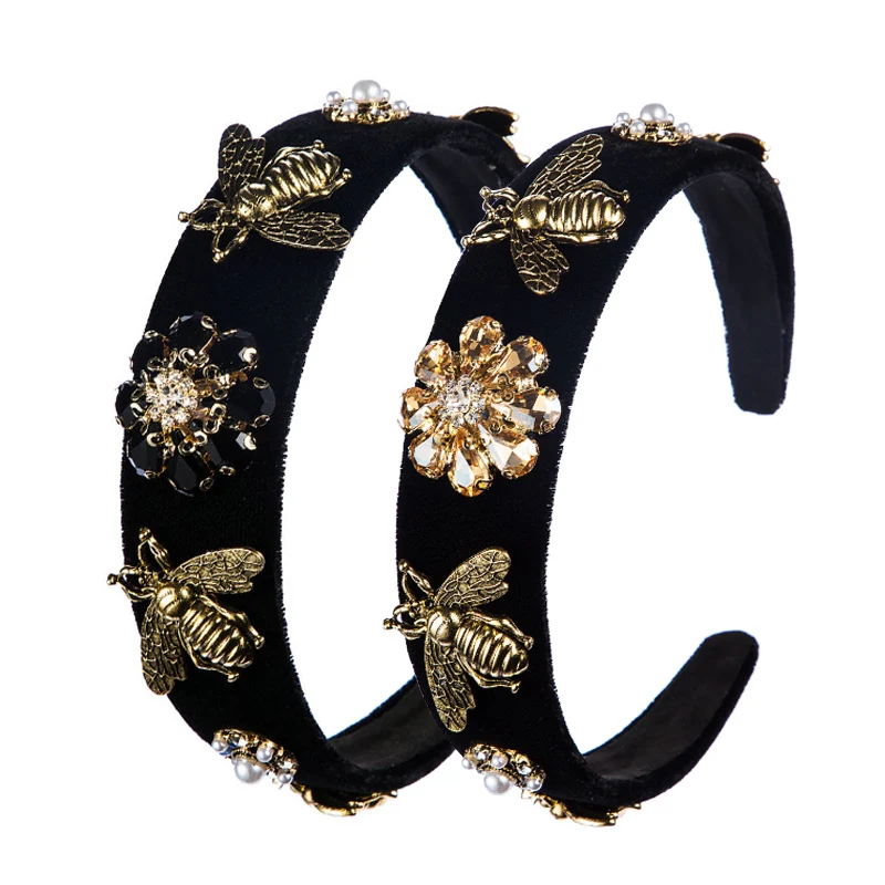 Новый Дизайн Ретро пчела ободки для женщин черный бархат Цветок Хрустальная