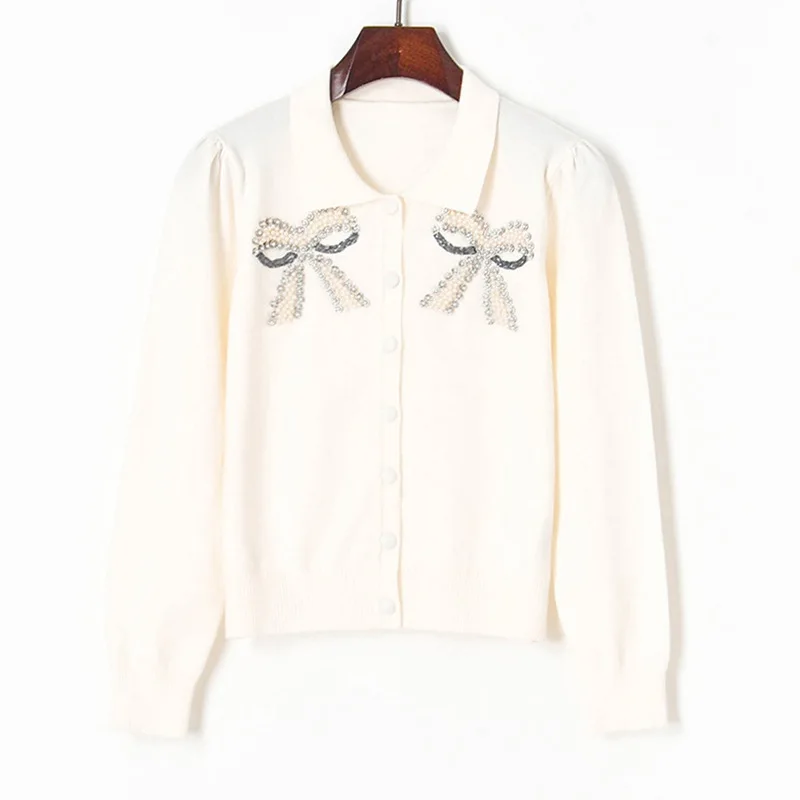 

Осень 2021, свитер, кардиган, женские вязаные топы, белая, черная модная Джерси с бантом и жемчужинами, винтажная одежда, одежда в Корейском сти...