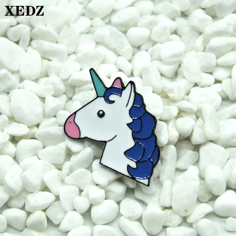 

XEDZ blue hair unicorn enamel pin cartoon animal pushpin romantic men and women jewelry punk lapel brooch gift for children
