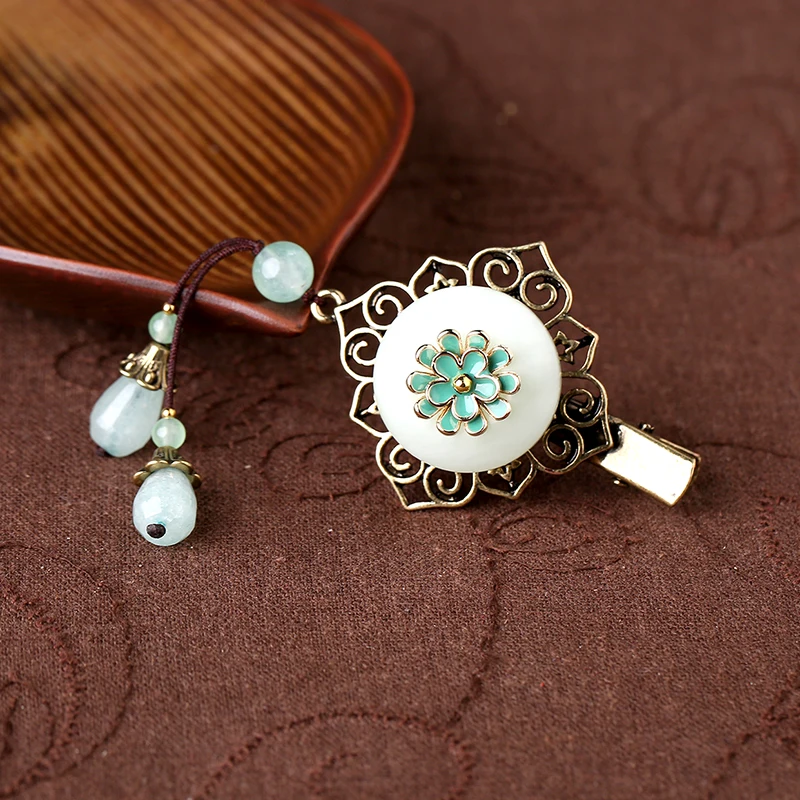 Винтажная Классическая заколка для волос с бисером из натурального нефрита