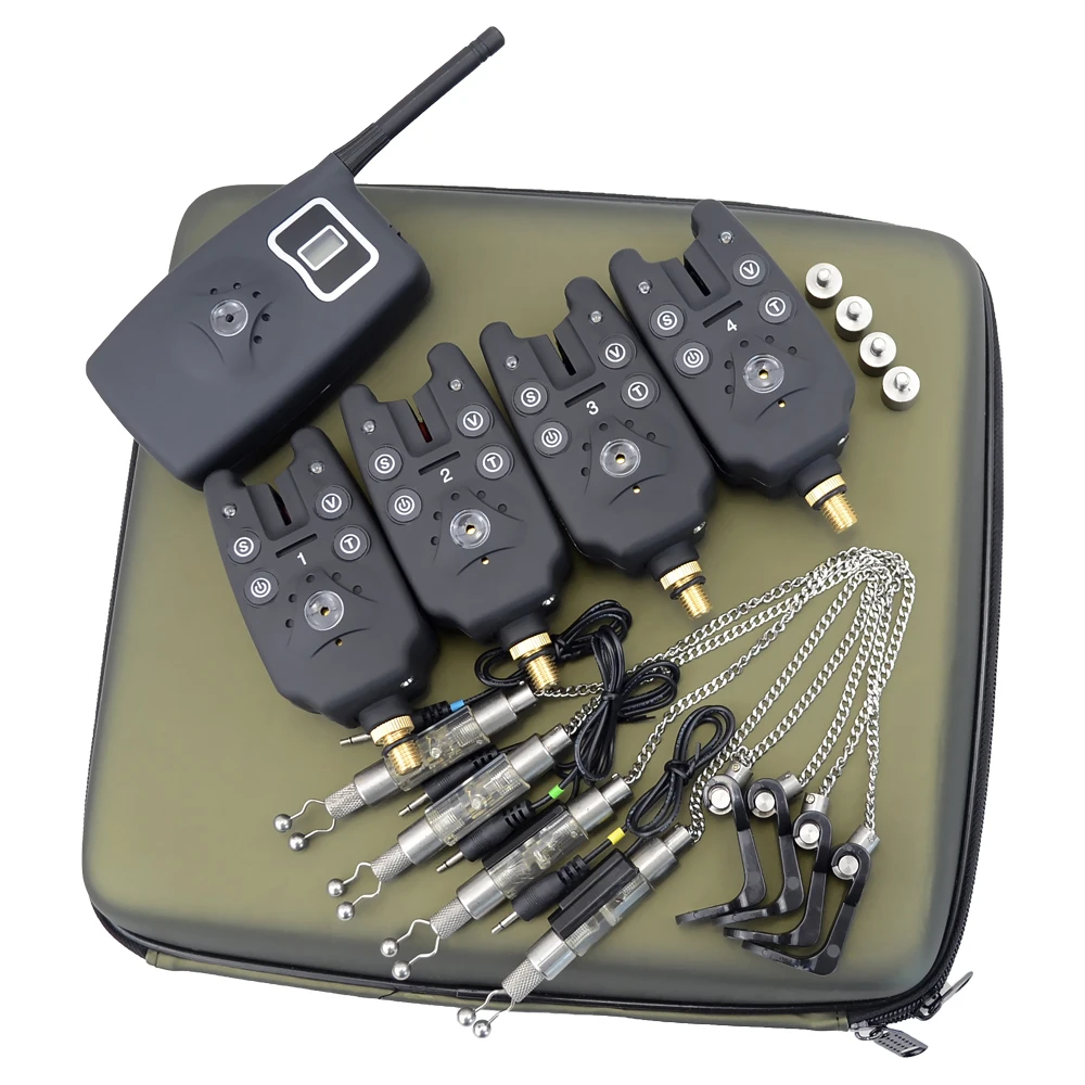 

Wireless fishing bite alarm 1+4 set with 4pcs illuminated swinger in EVA case for carp fishing B1203S