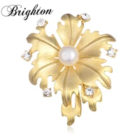 brighton classic mid century leaf motif brooches simulated pearl pin accessory sparkling clear crystal real gold color brooch