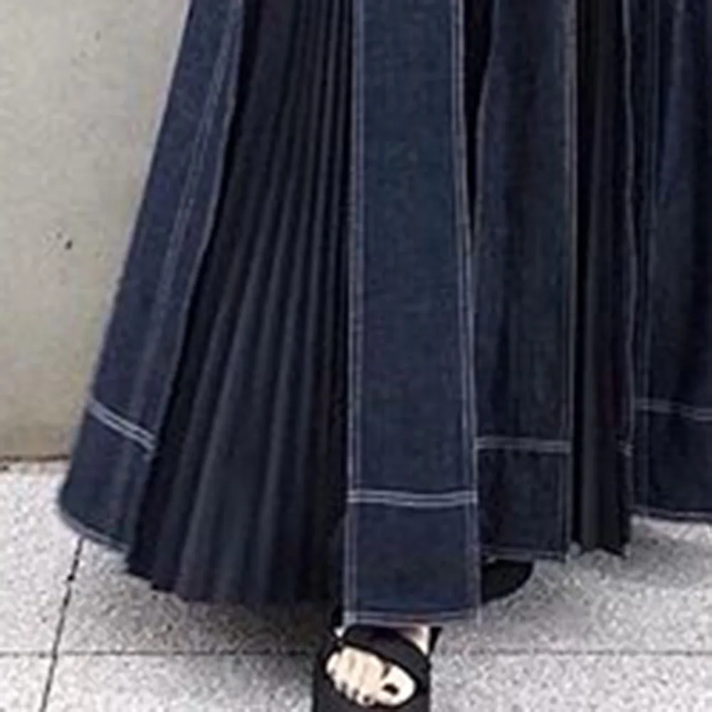 

One Piece Denim Dress Korean Fashion Style Spaghetti Strap Patchwork Long Vestidos 2020 Fall Women Blue Maxi Jean Pleated Dress