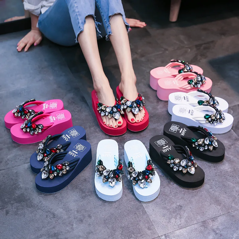 

6cm High Heel Women's Beach Holiday Sandals, Rhinestone Wild Non-slip Women's Shoes Rhinestone Shoes Women House Slippers 2021