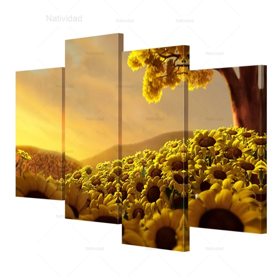 

Modern Canvas 4 Pieces Sun Shines Golden Yellow Sunflower Wall Art Print Picture Landscape Modular Wallpaper No Frame Home Decor