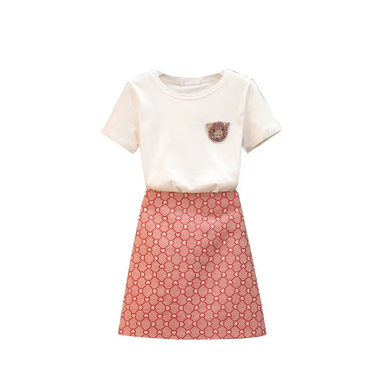 

Suit 2021 summer new versatile fashion small fragrance nail bead cotton T-shirt skirt suit women