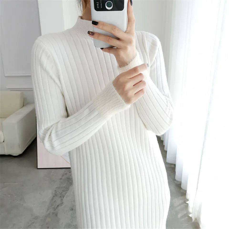 Раздельное однотонное платье с круглым вырезом и длинным рукавом Vestido, милое зимнее трикотажное платье, Осеннее женское элегантное платье, новинка года, модное тонкое мягкое женское платье