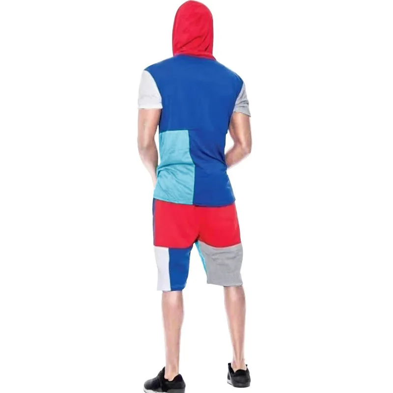 

2021 Summer Foreign Trade New Men's Youth Color Matching Sports Casual Fashion Hooded Short Sleeve Shorts Suit Men