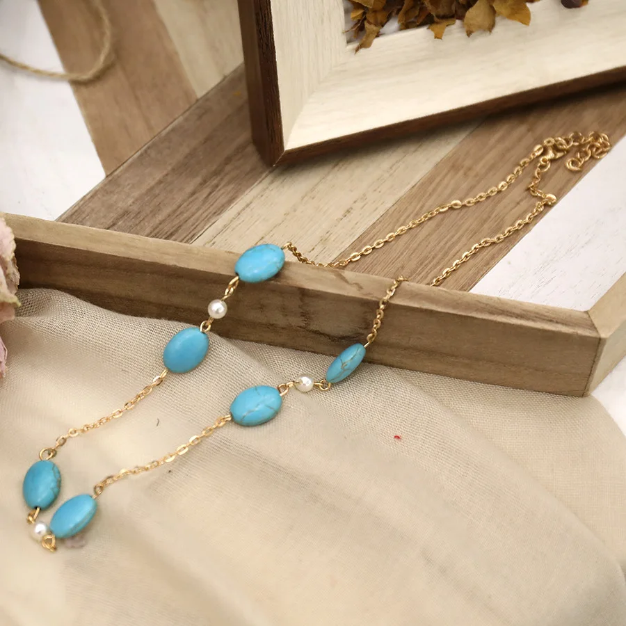 Turquoise Beaded Necklace Long Sweater Chain Women Ladies Gold Metal Ketting Collier Ethnique Boheme Collar Mujer Femme |
