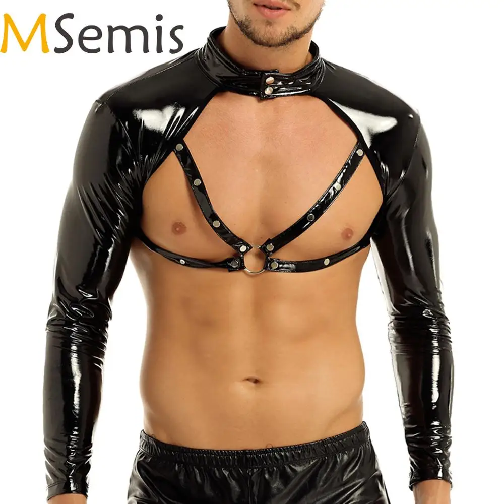 Мужская майка из искусственной кожи со стразами и воротником стойкой|Майки| |