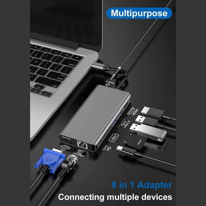 8-в-1 Тип C на HDMI VGA Hub сетевой карты расширения док-станция для кабель-Переходник USB
