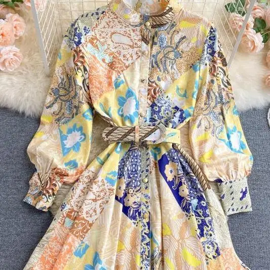 

Women's Dress Autumn New Elegant Stand Collar Sashes Slim Short Retro Printed Court Style Mini Female Vestidos