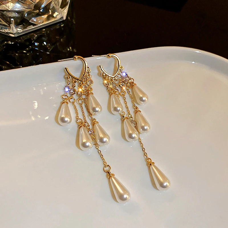 

Trendy Exquisite Drop Shaped Pearl Heart Tassel Drop Earrings for Women Girl High Quality Jewelry AAA Zircon S925 Needle Wedding