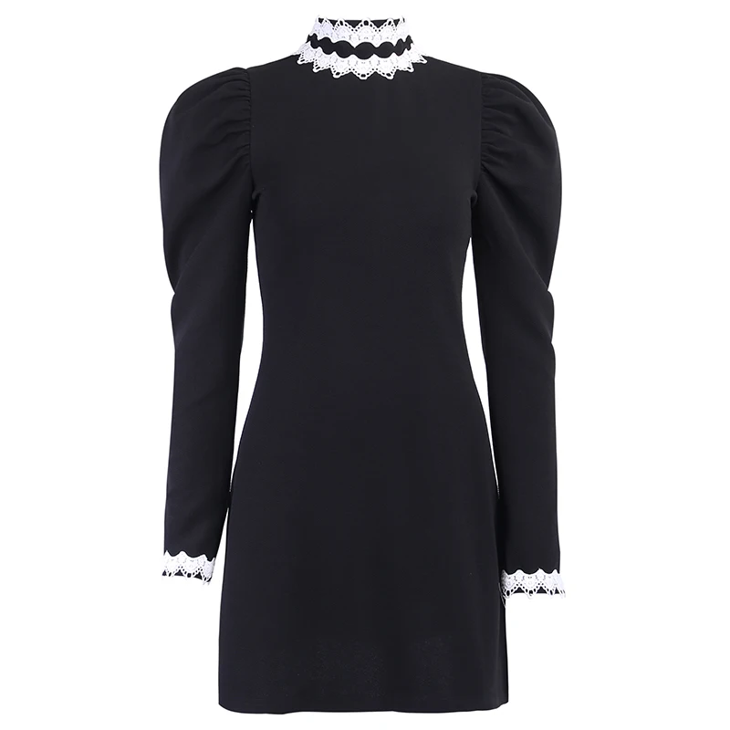 InsGoth Элегантное Черное женское платье, готическое винтажное мини-платье с длинным рукавом, кружевное лоскутное платье в стиле ретро, женское вечернее платье на осень