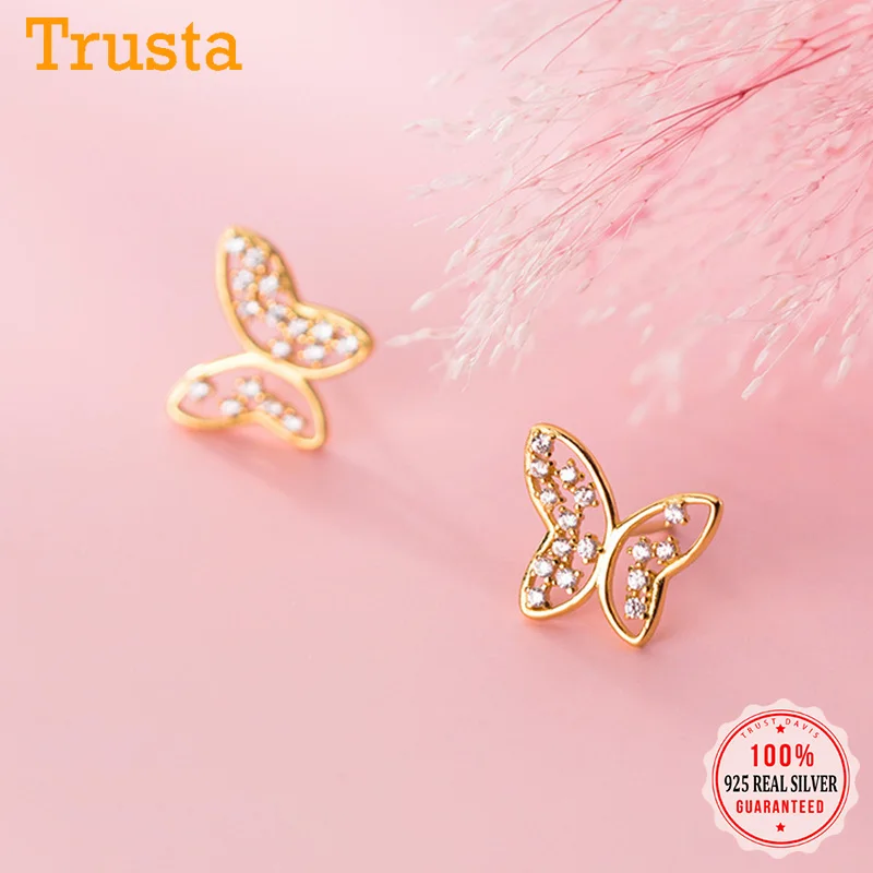 

TrustDavis Real 925 Sterling Silver Fashion Gold Insect Butterfly CZ Stud Earrings For Women Party Fine S925 Jewelry DS1169