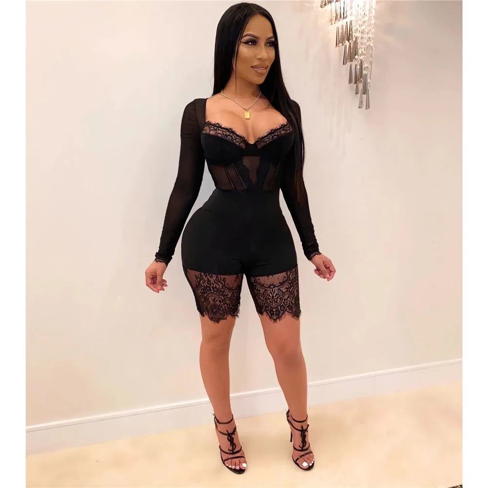 Женское Кружевное боди в стиле пэчворк сетчатый облегающий короткий комбинезон