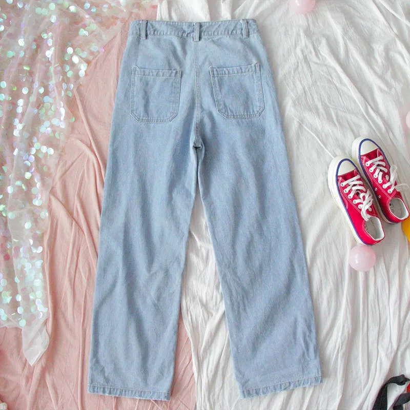 

XS-2XL New Cute Women Denim Loose Student Cute Animal Print Cat Jeans Female Harajuku Kawaii Straight Leg Pants Mujer