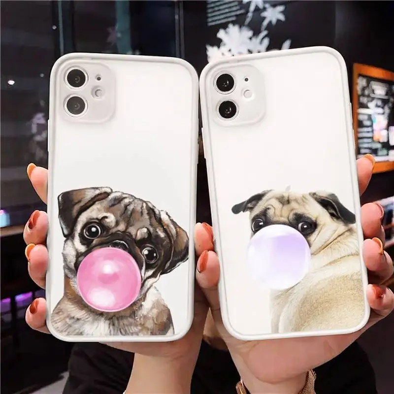 

Cute dog puppy Pug Bulldog blowing balloon Phone Case Clear matte transparent For white iPhone 7 x xs xr 11 12 pro plus max mini