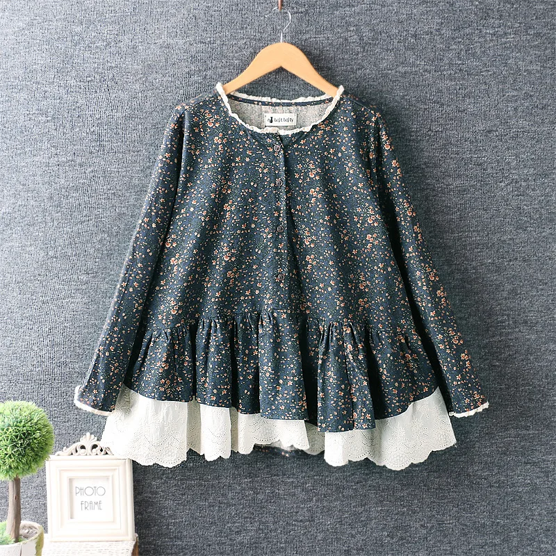 

2021 Spring Boutique Mori Girl Cute Floral Patchwork Cotton Linen Shirt Women Blouse