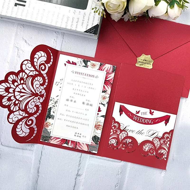 

(50 pieces/lot) Laser Cut Floral Red Tri-Fold Wedding Invitations Customized Print XV Birthday Business Greeting RSVP Card IC153