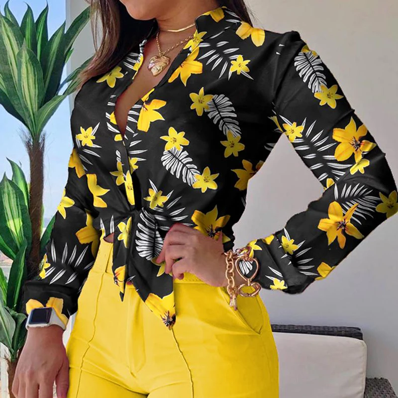 

Women Long Sleeve Floral Printed Tie Knot Top Blouse Casual Spring Shirts Female
