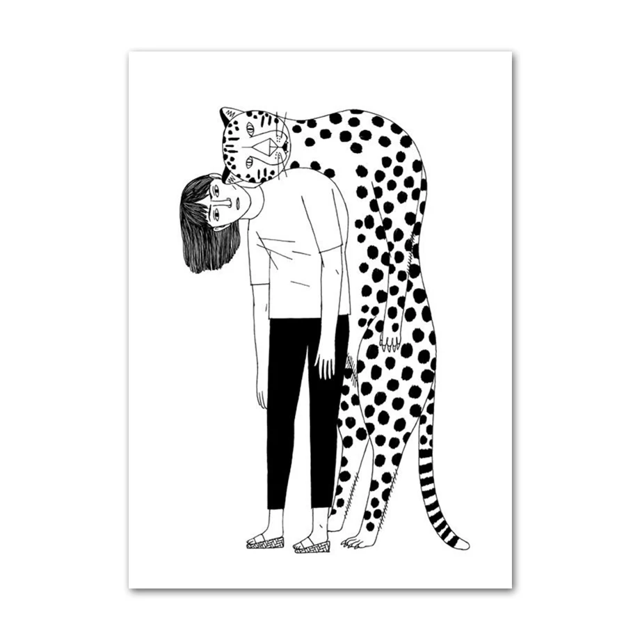 

Leopard Girl Nordic Poster Wall Art Canvas Painting Black White Posters and Prints Wall Pictures for Living Room Decor