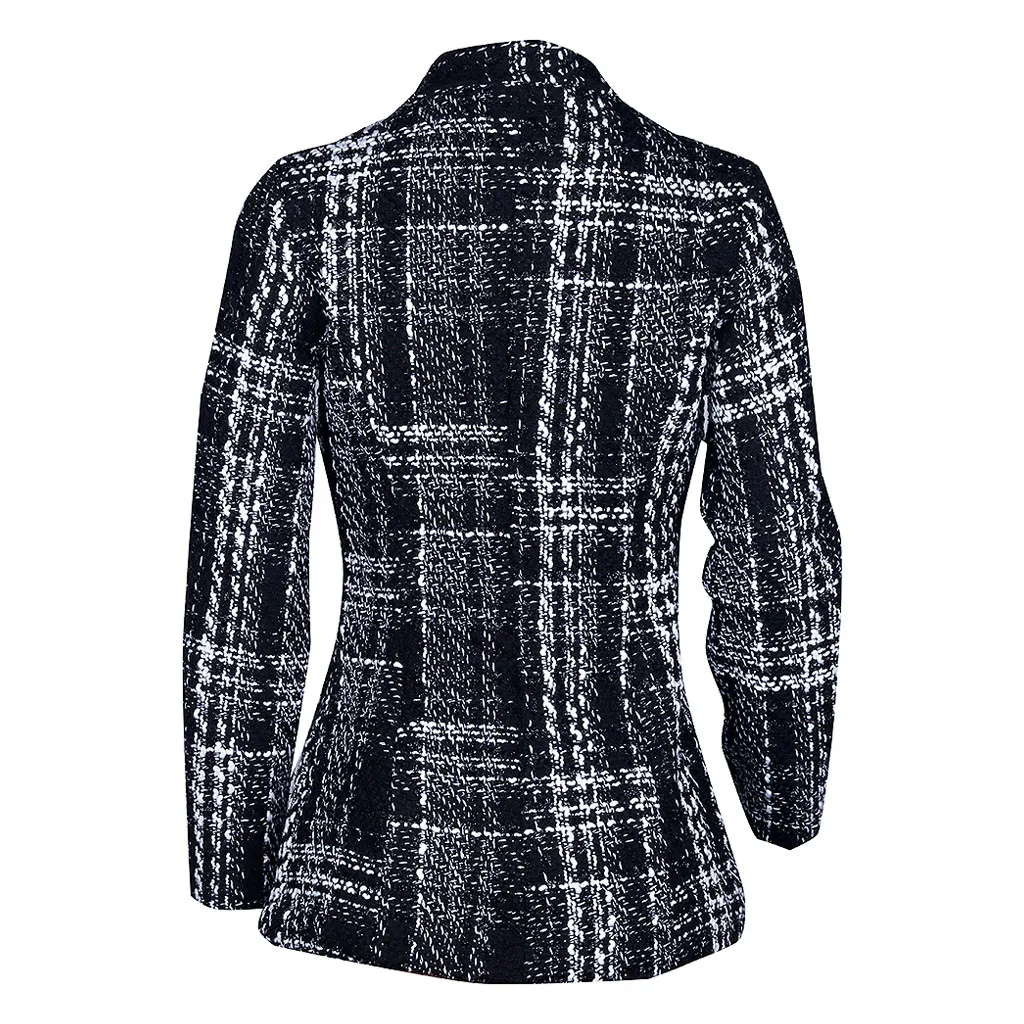 Винтажный клетчатый женский Блейзер пальто с v-образным вырезом длинным рукавом