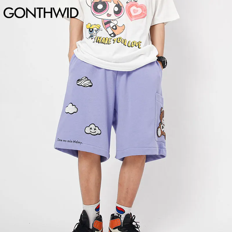 

GONTHWID Shorts Sweatpants Harajuku Cartoon Cloud Bear Print Short Pants Streetwear Hip Hop Fashion Loose Knee Length Trousers