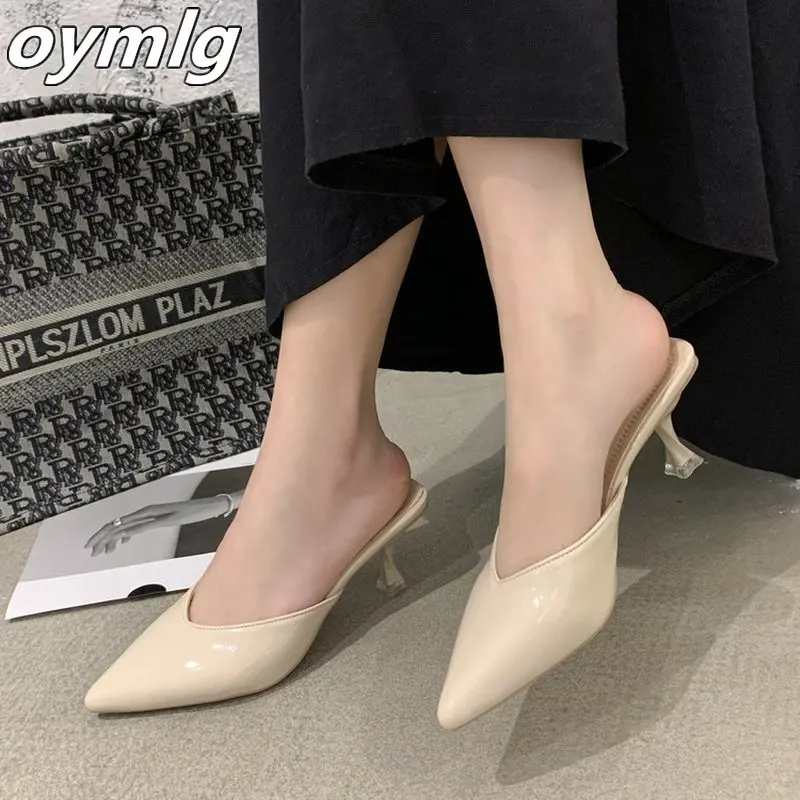 Мюли женские заостренный носок низкий каблук модные тапочки повседневные сланцы