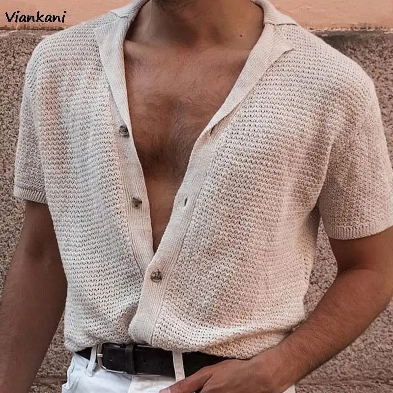 

Gentleman Solid Knitted Cardigan Polo Shirts 2021 Spring Summer Men's Poloshirt Short Sleeve Sexy V-Neck Buttons Male Clothing
