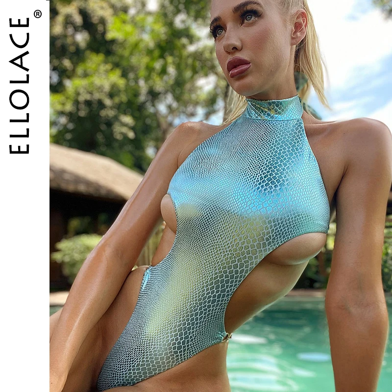 Ellolace змеиная кожа бикини неоновые синие купальники с открытой спиной Женские