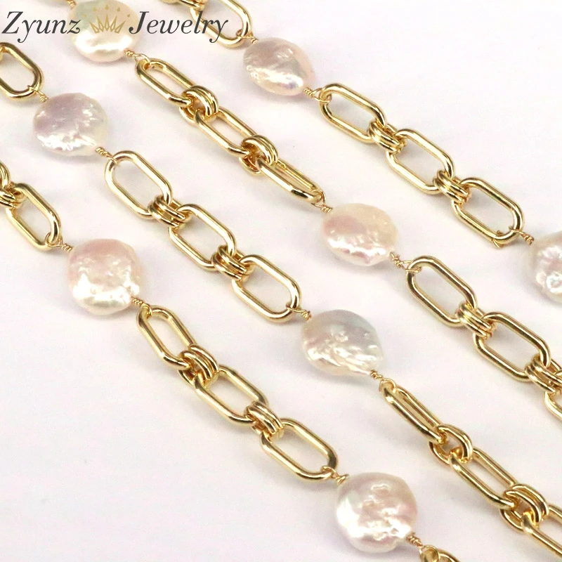 

3 Meter, Freshwater pearl link chain, gold plated brass, nature pearls, Dainty chain, Pearl chain