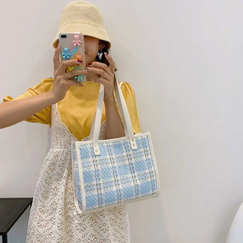 

Tote Bag Ladies Shoulder Bag Female Designer Handbag Women Underarm Bag Fashion 2021 New PU Leather Simple Lattice High Capacity