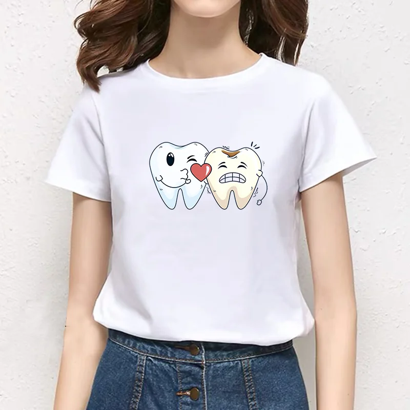 Женская футболка с коротким рукавом круглым вырезом и принтом зубов - купить по