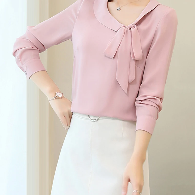 

Shirts Women Chiffon All-match Solid Sweet Simple O-Neck Long Womens Comfortable Ladies Pink Trendy Korean Chic Slim Shirt Soft