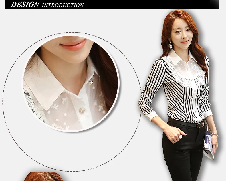 

Women Casual Blouses Lace Shirts New Fashion Korean Style Long Sleeve Plus Size 3XL Office Lady Elegant Striped Shirts 990B