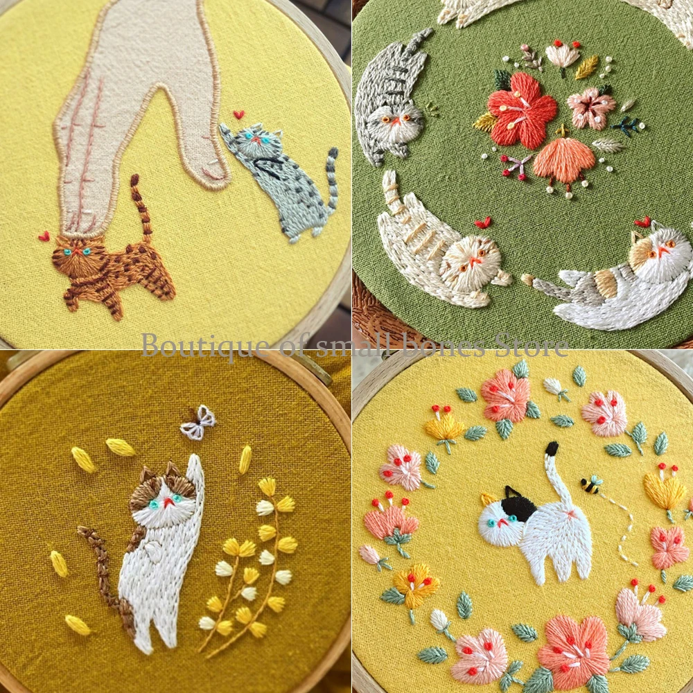 

Garden cat butterfly flower animal Patterns Embroidery Material Package DIY Handcraft Beginner Supplies Hanging Painting Decor