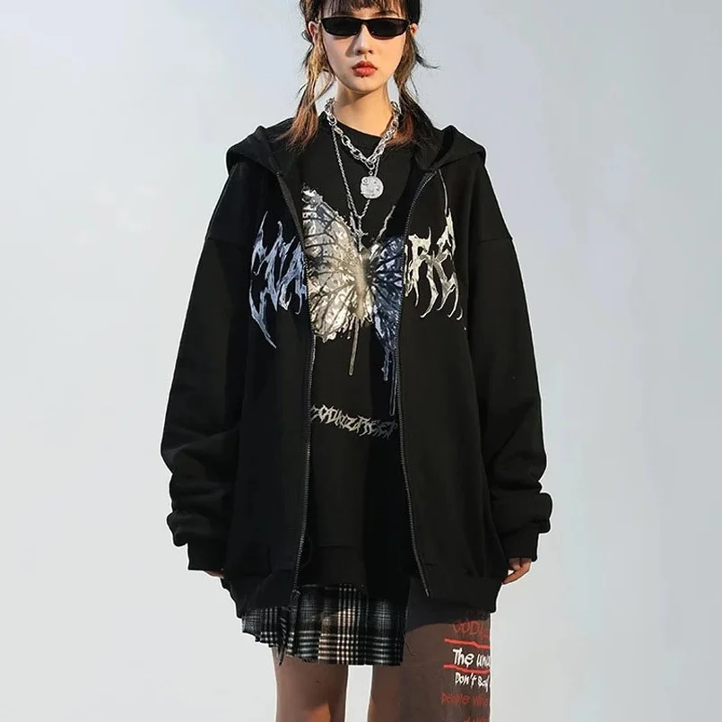 

Korean Zip Up Oversized Jacket Women Harajuku Gothic Long Sleeve Hooded Sweatshirt Wings Butterfly Print Poleron Vintage Hoodies