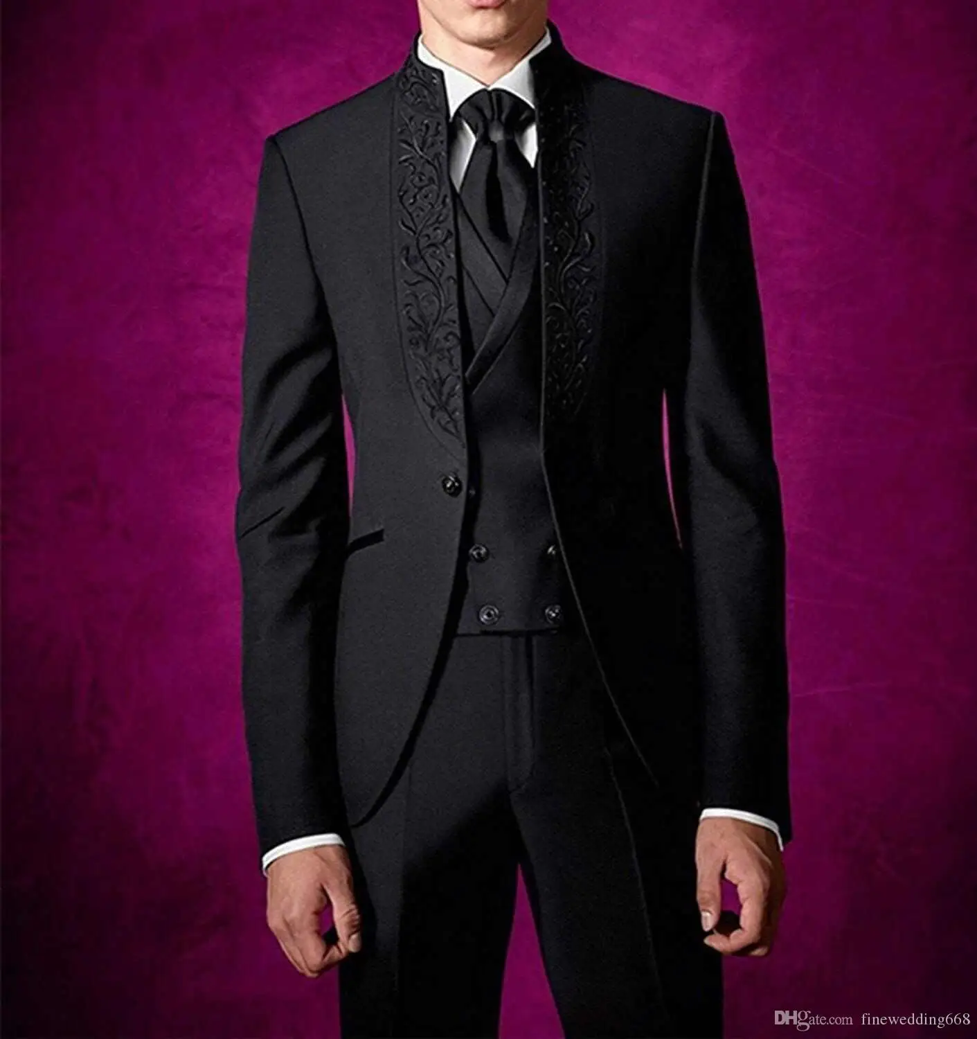 

Handsome Embroidery Groomsmen Mandarin Lapel Groom Tuxedos Men Suits Wedding/Prom/Dinner Best Blazer(Jacket+Pants+Vest+Tie) 051